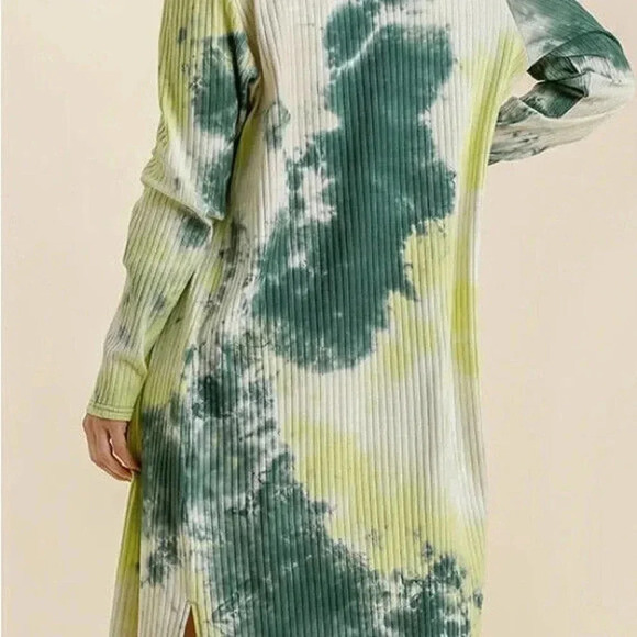 Umgee Tie Dye Duster Cardigan Women's Large Green Yellow Ribbed Slits Pockets - Picture 3 of 8